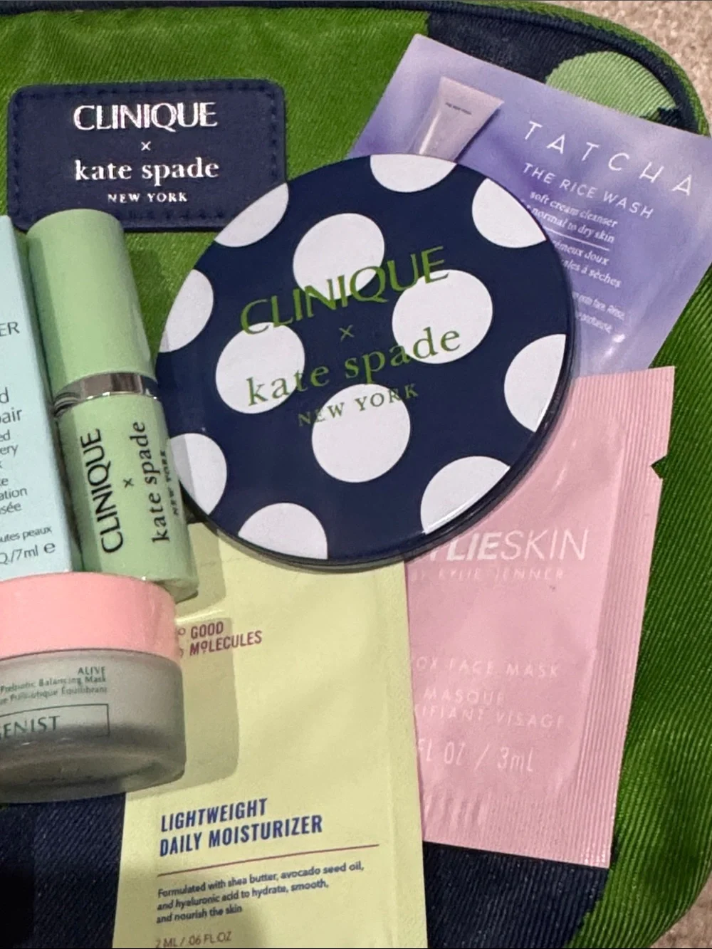 kate spade Green & Navy Polka Dot Clinique Travel Skincare Pouch Set